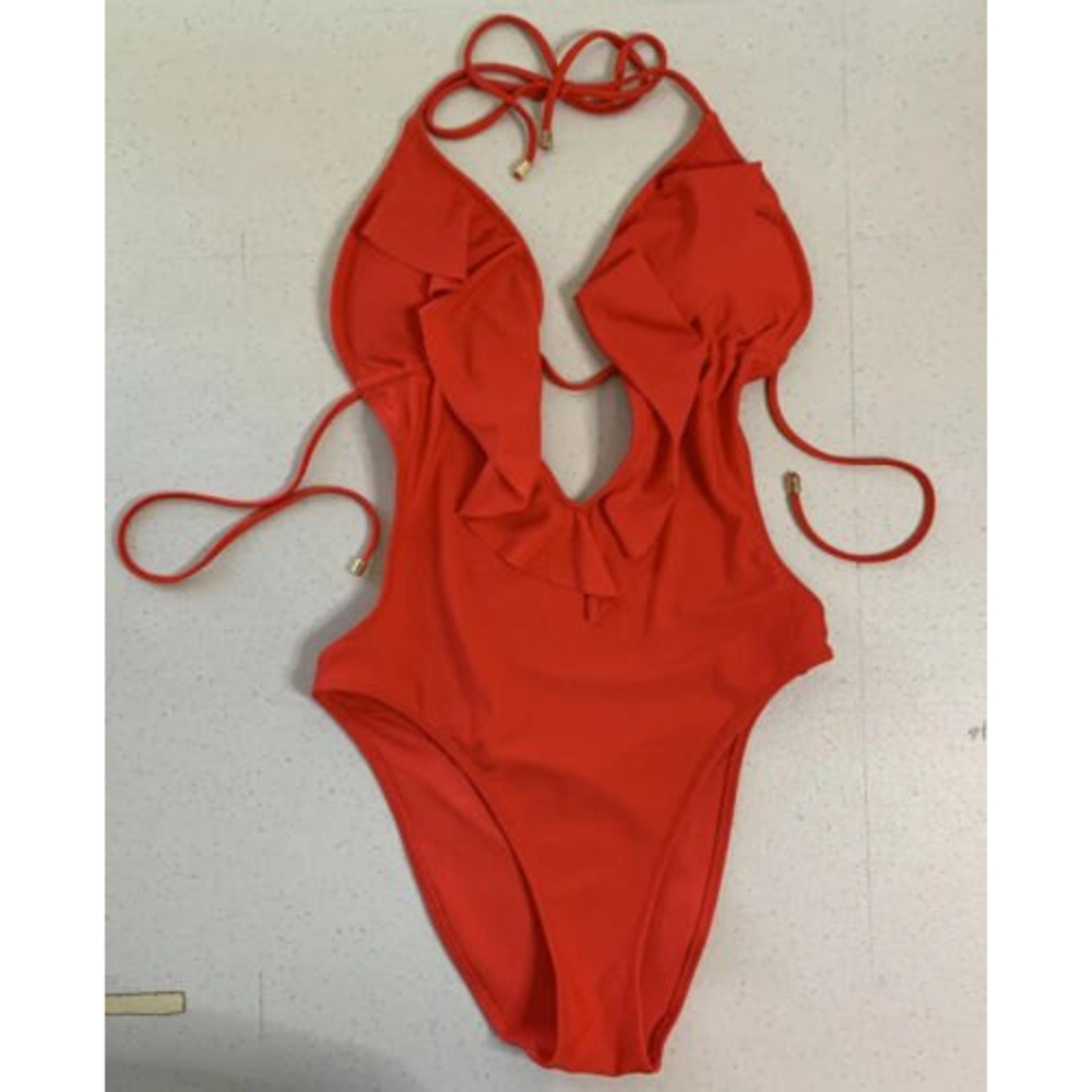 Abercrombie & Fitch Red And Gold Cut Out Ruffle One Piece Swimsuit Never Worn! S